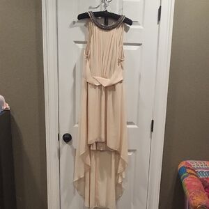 B Darlin Cream High Low Dress with Embellished Neckline